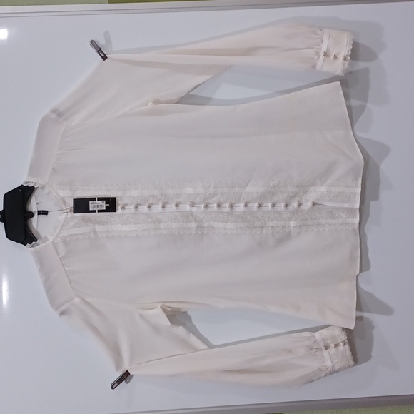 NWT Elie Tahari white silk/cot crepe/lace multi(19)-button/loop lace collar shrt - Picture 1 of 7